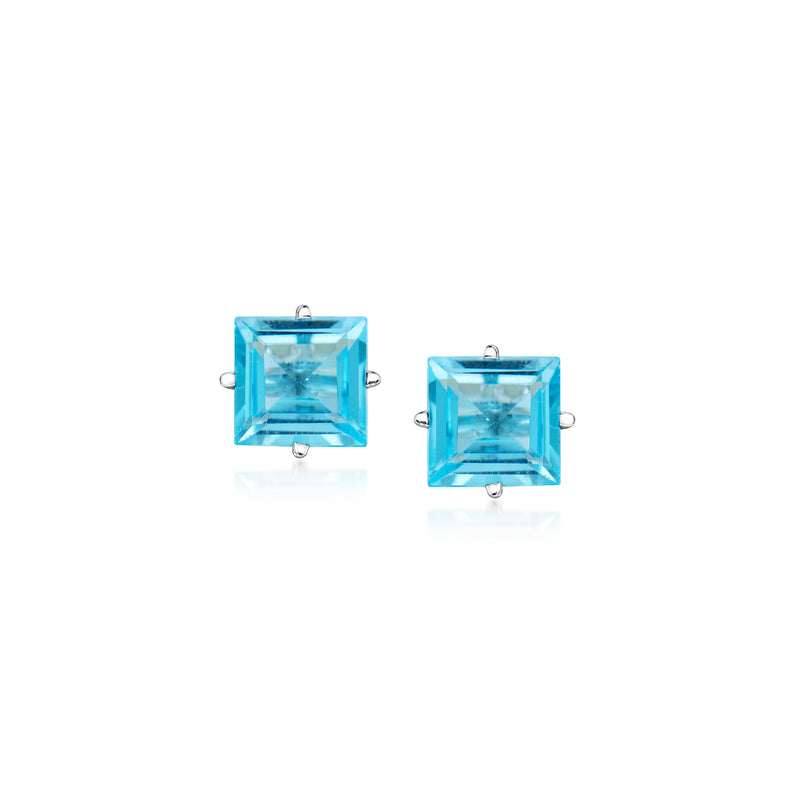 Square blue topaz stud earrings in sterling silver, prong-set stones