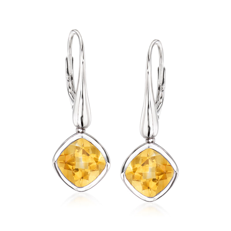 Sterling silver leverback drop earrings with faceted yellow citrine stones