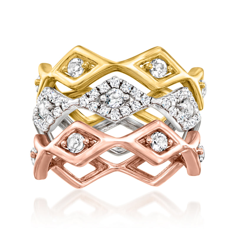 Three zigzag rings: gold, silver, and rose with white gemstones