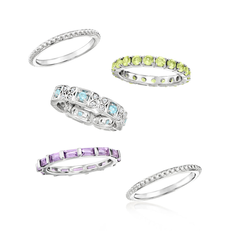 Set of sterling silver multi-gemstone rings: green, aqua blue, and purple band styles