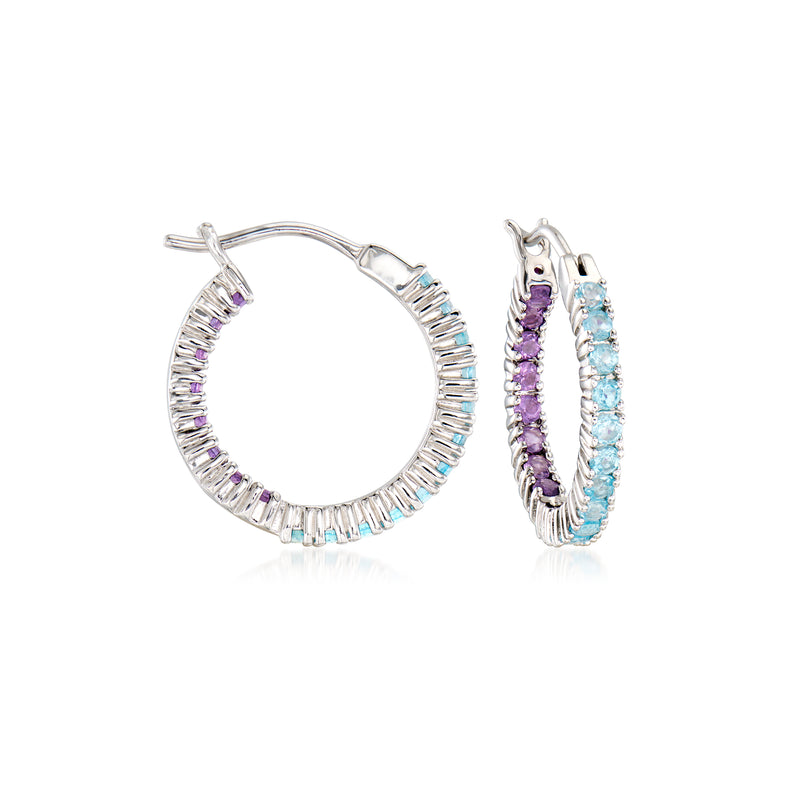 Sterling silver inside-out hoop earrings with sky blue and amethyst gemstones