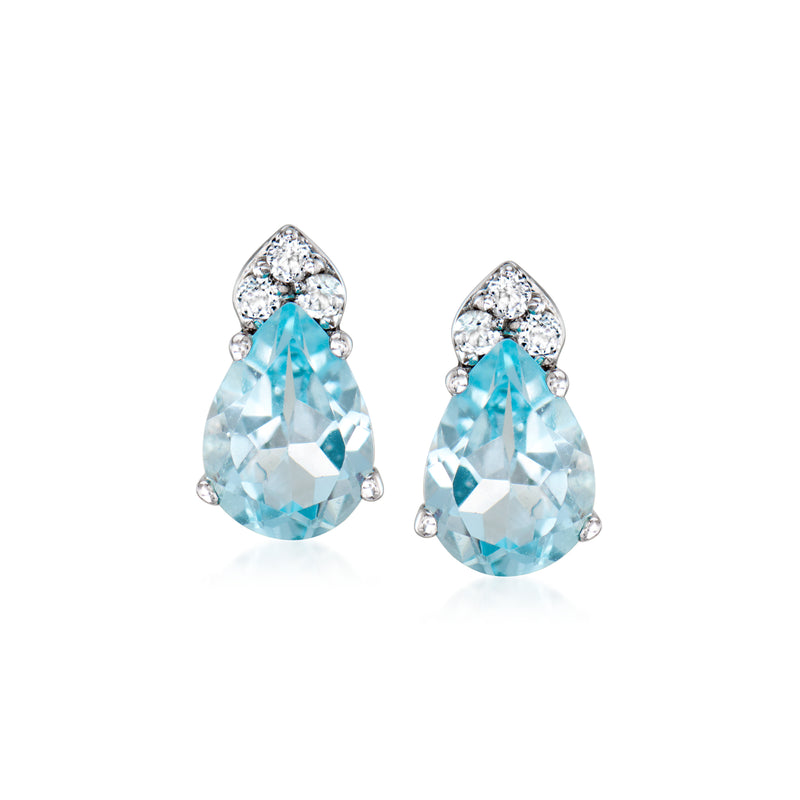 Sterling silver stud earrings with pear sky blue topaz and white accents
