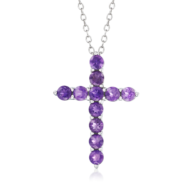 Sterling silver amethyst cross pendant necklace with five purple gemstone clusters