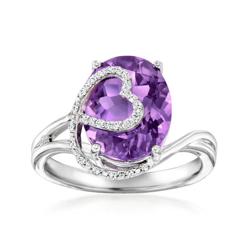 Sterling silver amethyst heart ring with diamond halo and split shank