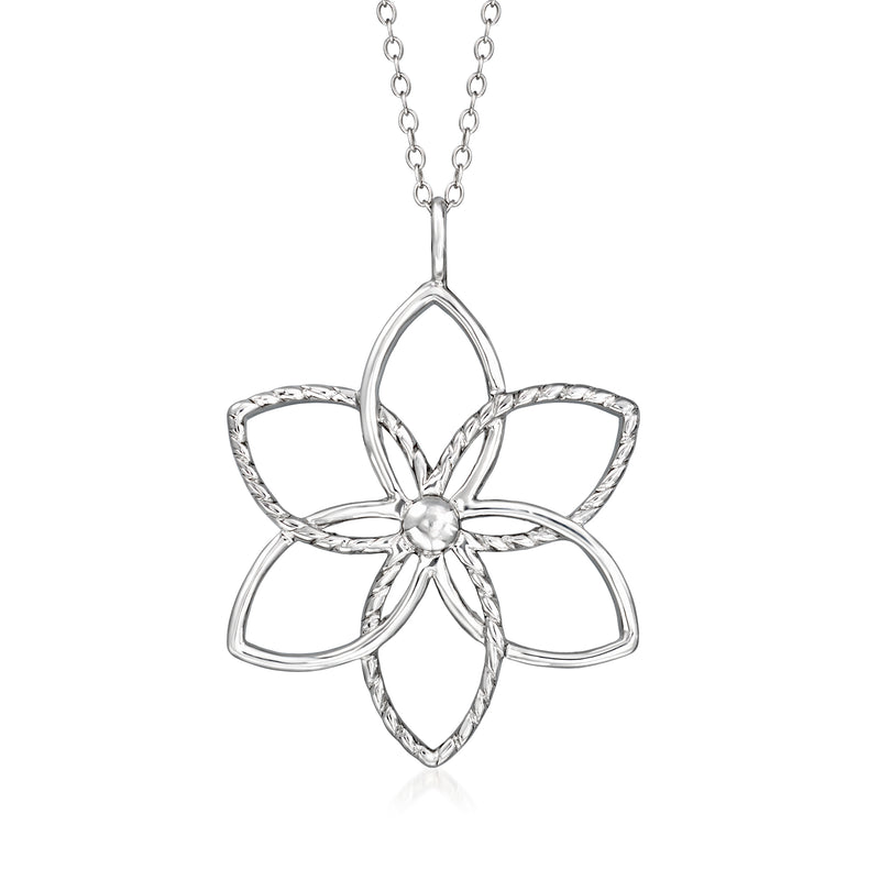 Sterling silver lotus-flower pendant necklace, openwork with thin chain