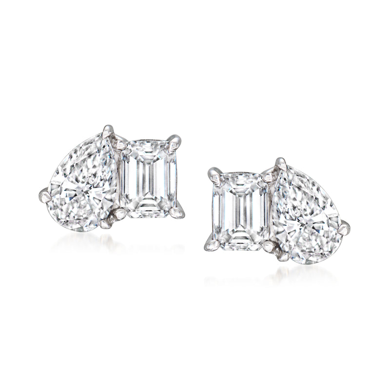 Sterling silver toi et moi post earrings with pear-shaped and emerald-cut lab diamonds