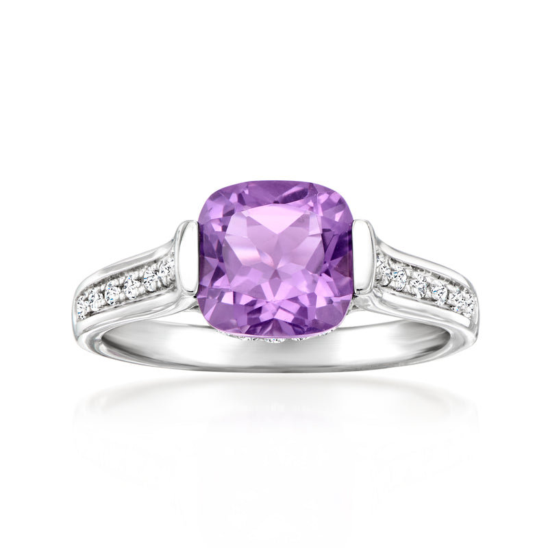 Sterling silver ring with large amethyst cushion-cut center stone and diamond side accents