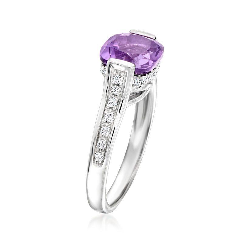 Sterling silver ring with prong-set amethyst cushion and diamond band on the sides