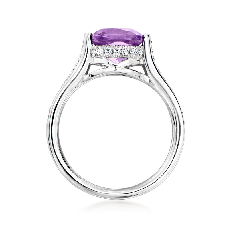 Sterling silver ring with amethyst cushion in four-prong setting, arched band