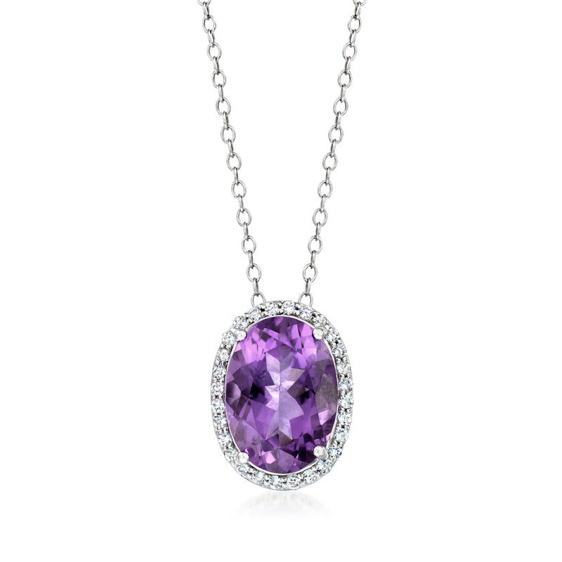 Sterling silver oval amethyst pendant with white topaz halo on link chain