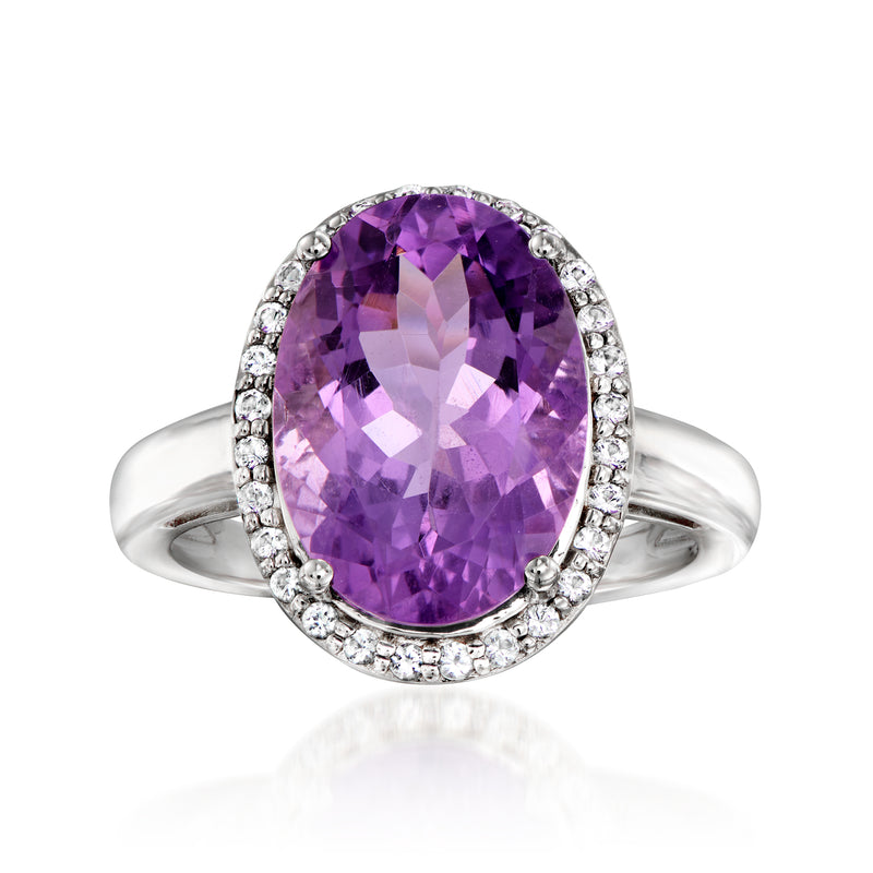 Oval amethyst ring in sterling silver with diamond-like halo stones