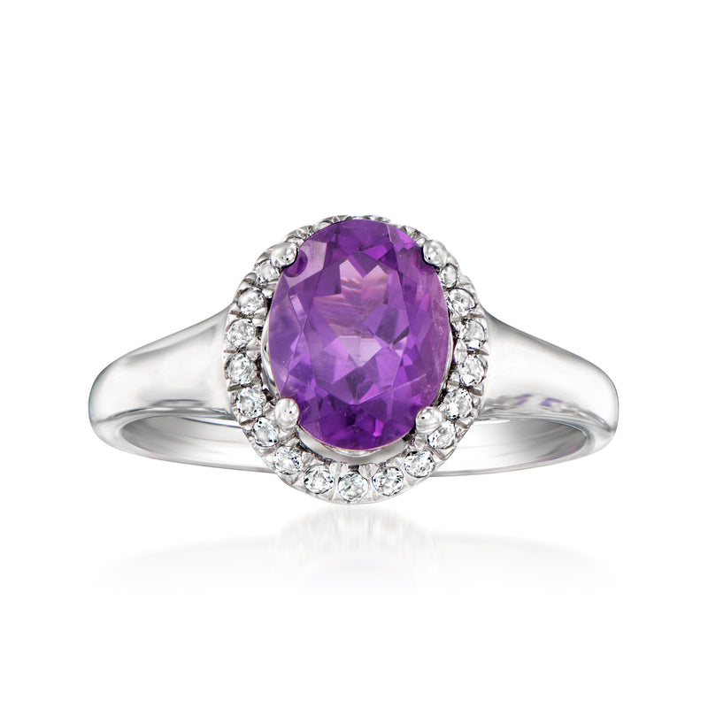 Sterling silver amethyst and white topaz oval halo ring, split band with side stones
