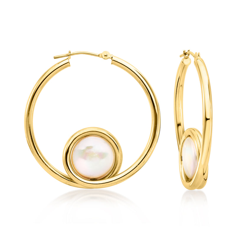 14kt yellow gold hoop earrings with coin pearl inset, oval profile