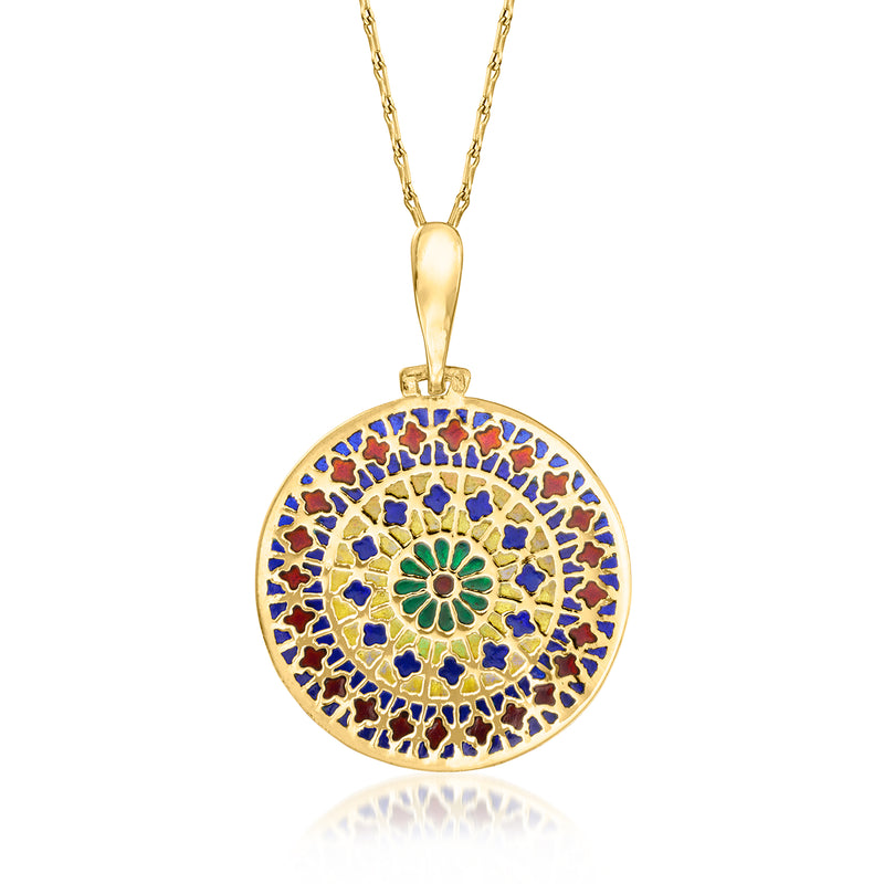 Round enamel mandala pendant necklace on yellow gold chain, multicolor mosaic center