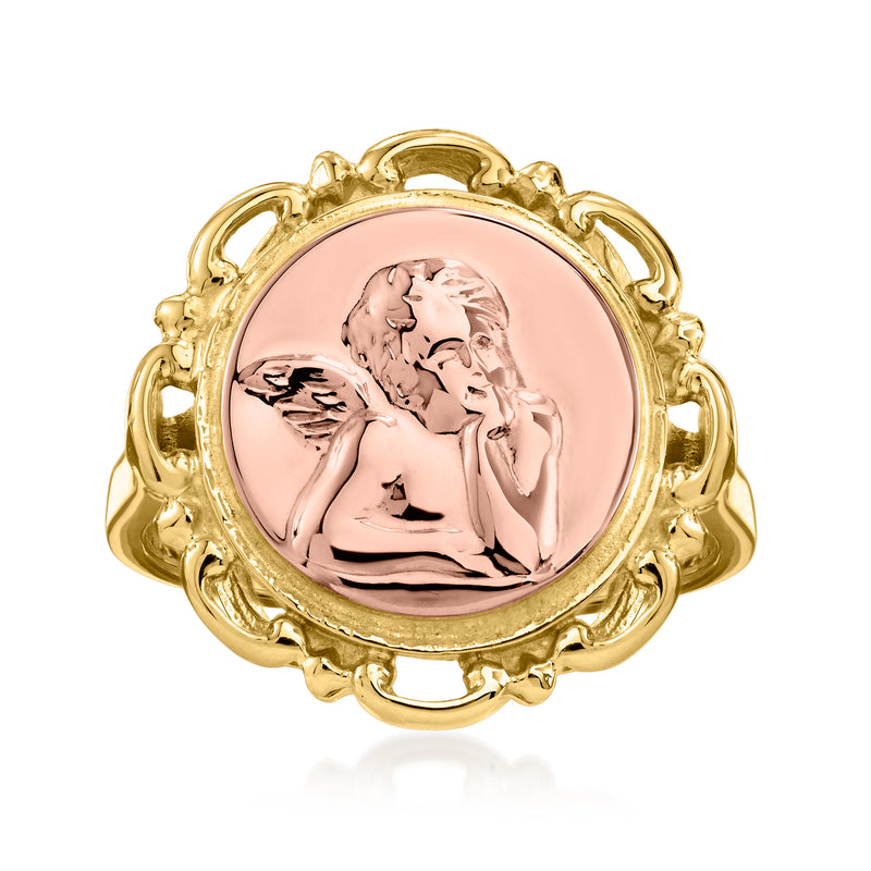 Two-tone gold angel cameo ring with pink enamel portrait and ornate bezel