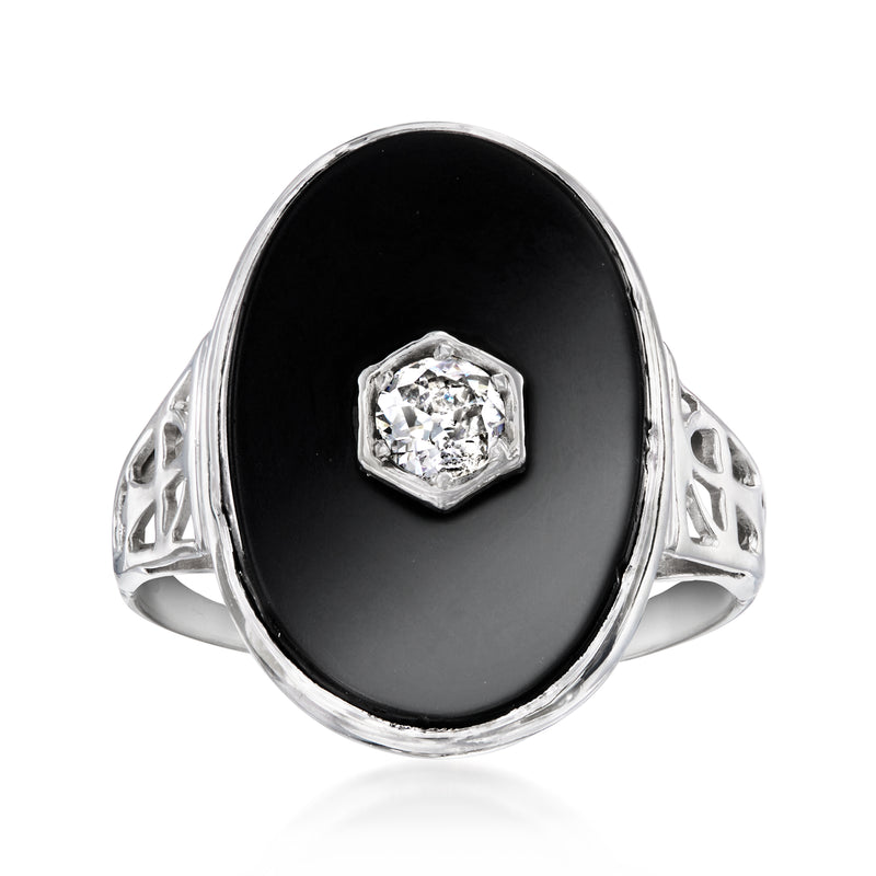 Vintage onyx and diamond ring in white gold, oval black stone with bezel-set gem