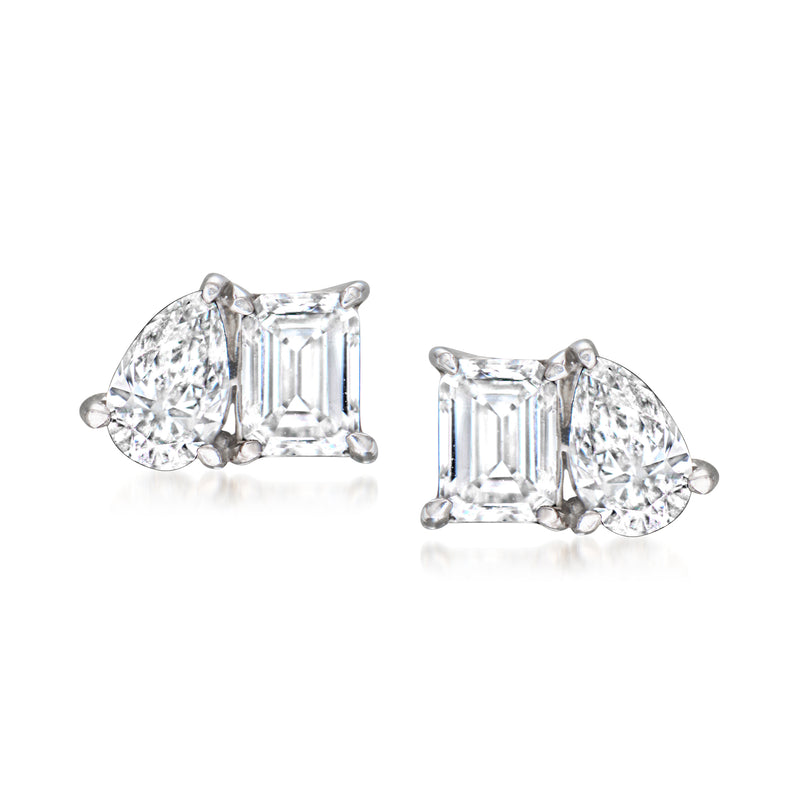 Toi et Moi diamond stud earrings, round and emerald-cut stones, sterling silver posts
