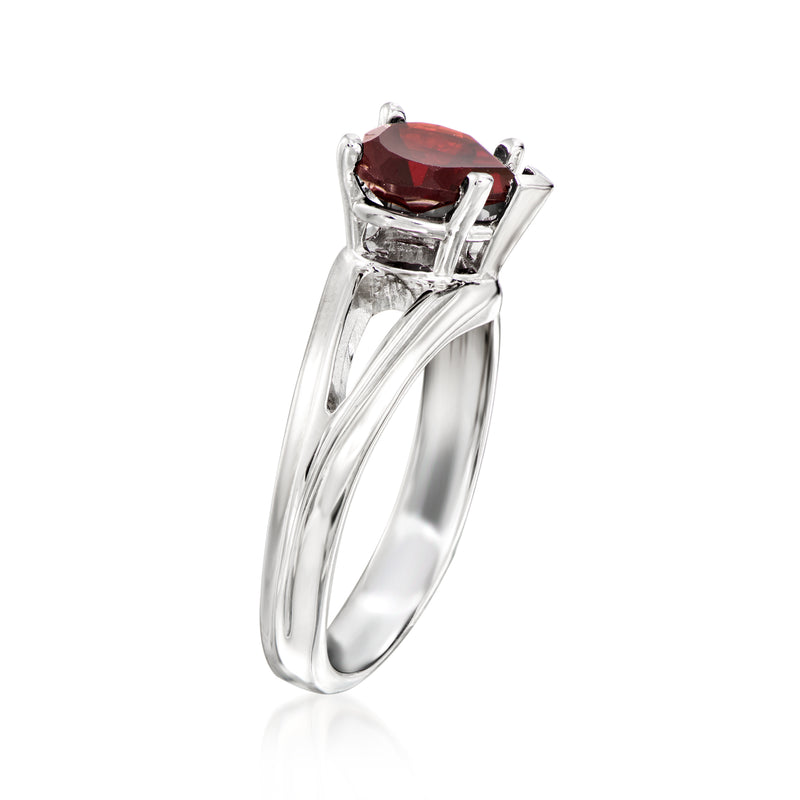 Heart garnet sterling silver ring, angled view of slim band and side prongs