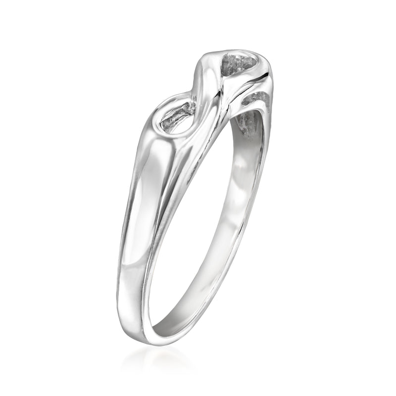 Sterling silver infinity symbol ring, side view with curved open loop detail