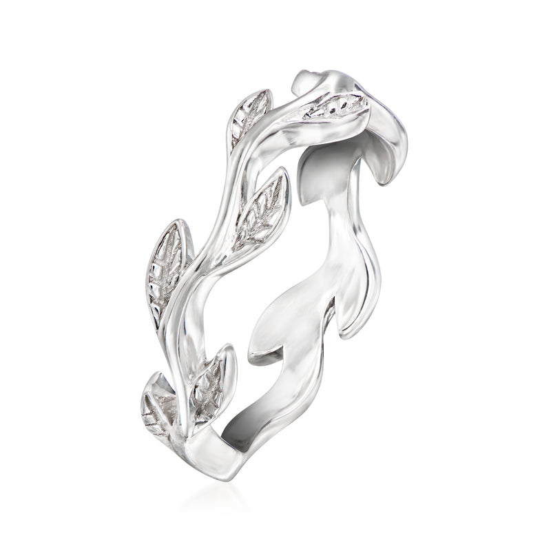 Sterling silver wavy leaf ring, side view with curled leaf motifs and sparkle