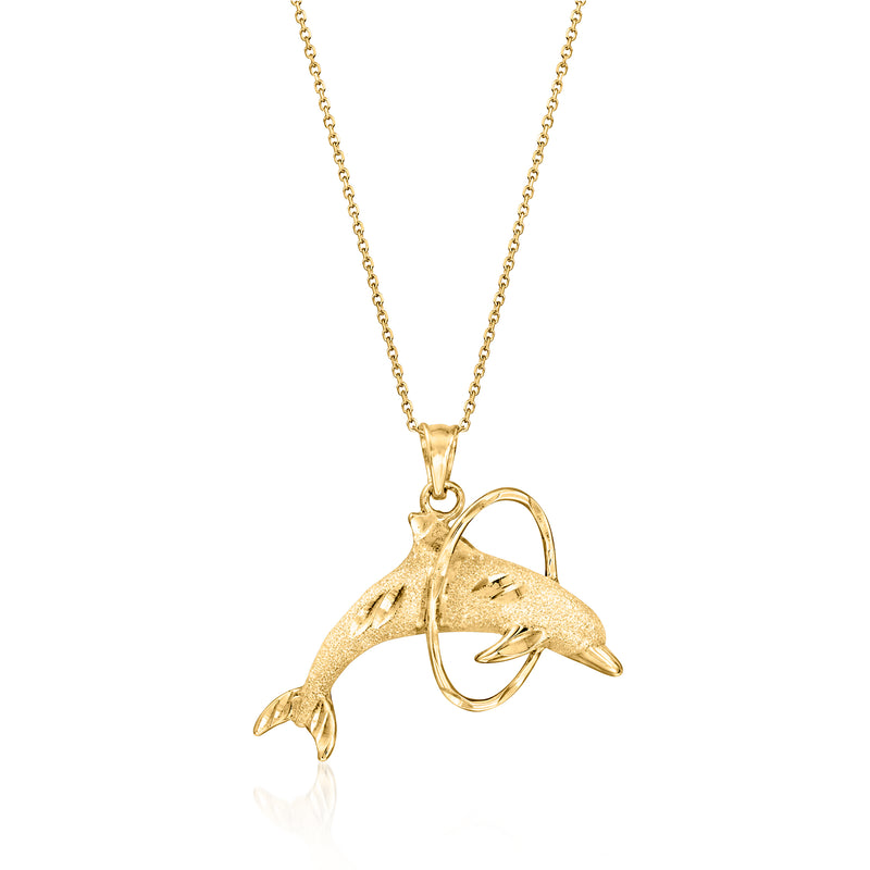 14kt yellow gold dolphin hoop pendant necklace with dangling dolphin charm