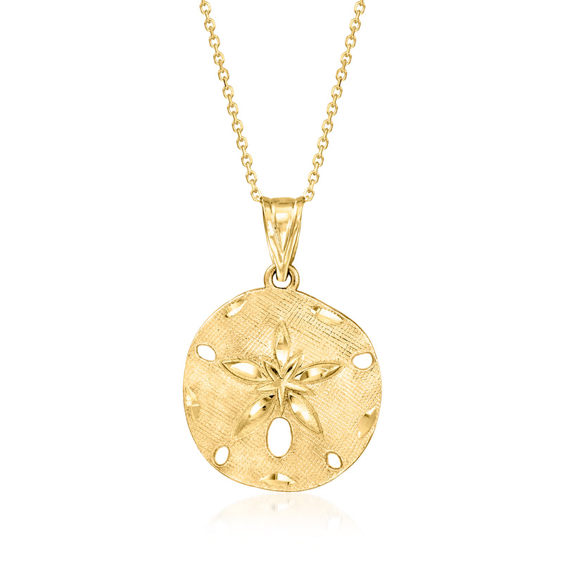 Vintage 14kt yellow gold sand dollar pendant on a fine chain necklace, round textured charm