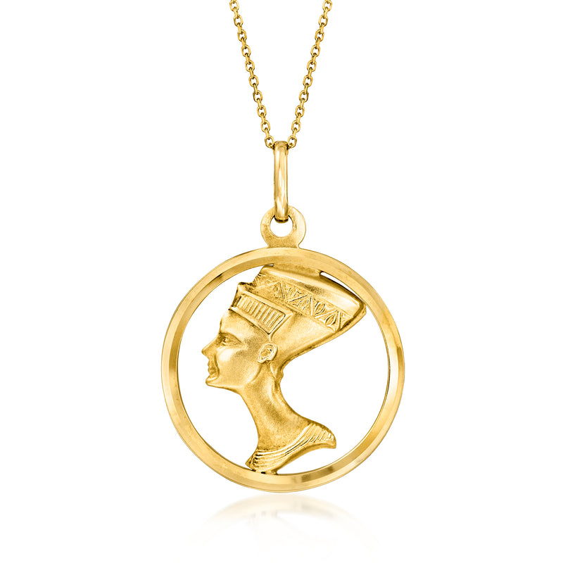 14kt yellow gold round Nefertiti-style pendant with profile bust on a chain