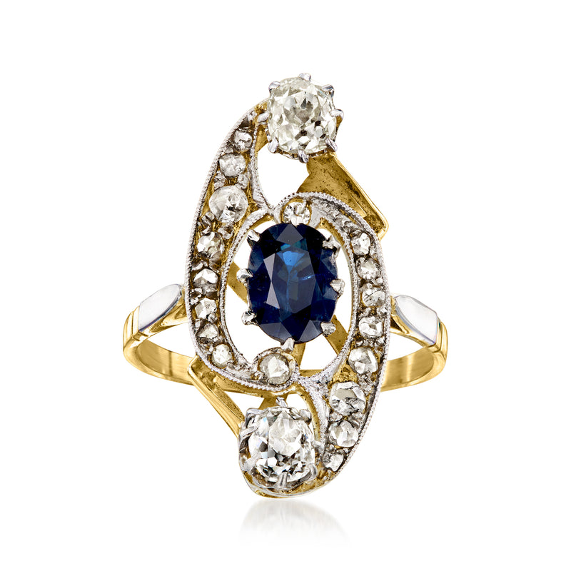Blue sapphire and diamond halo ring in yellow gold with platinum setting