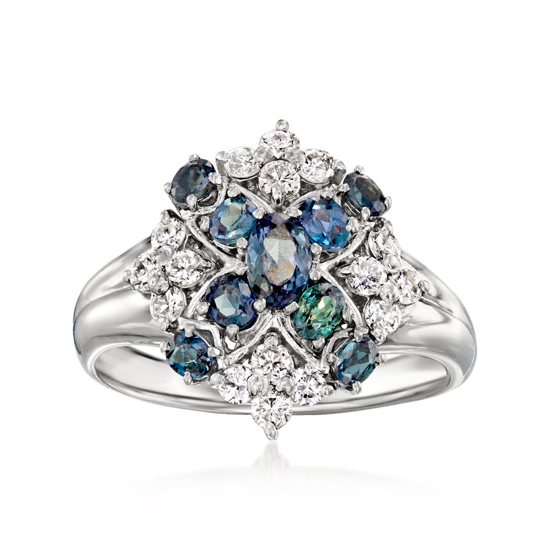Platinum vintage ring with multicolored alexandrite and diamond cluster accents