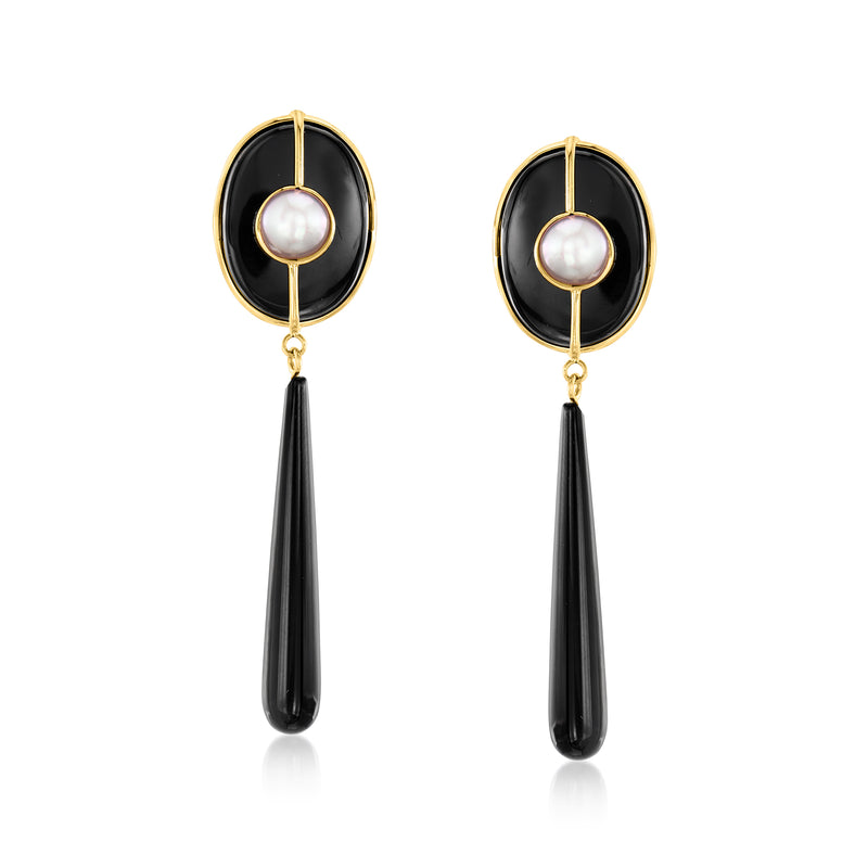 14kt yellow gold drop earrings with black onyx oval tops and white cultured pearl drops