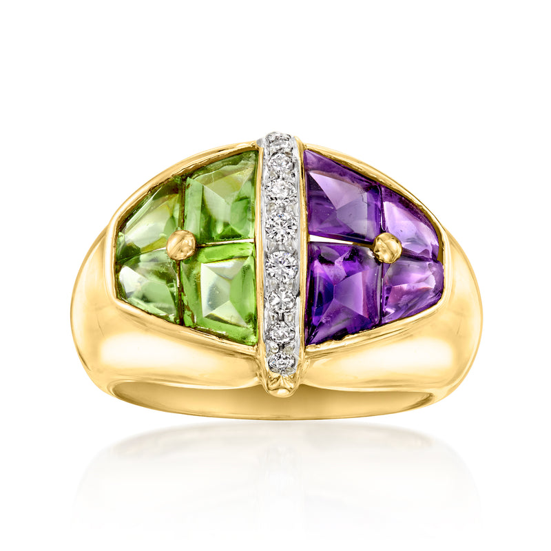 18kt yellow gold ring with green peridot and purple amethyst panels, diamond accents