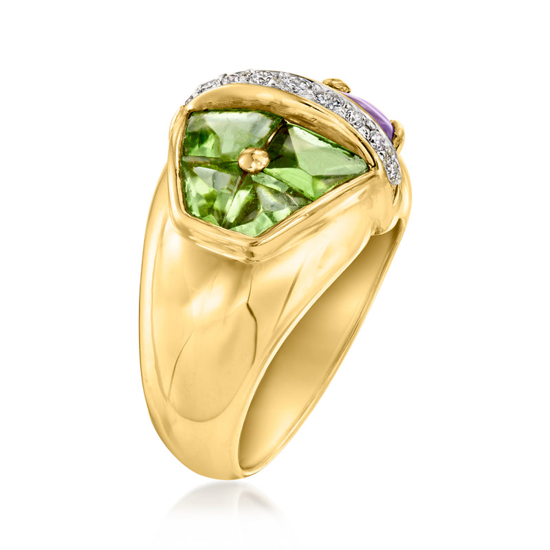 18kt yellow gold ring with green peridot center stone, purple side stone, diamond trim