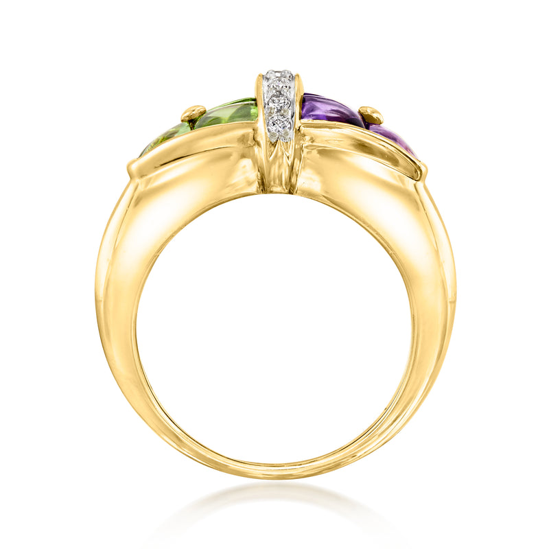 18kt yellow gold ring band with green peridot and purple amethyst stones and diamond center