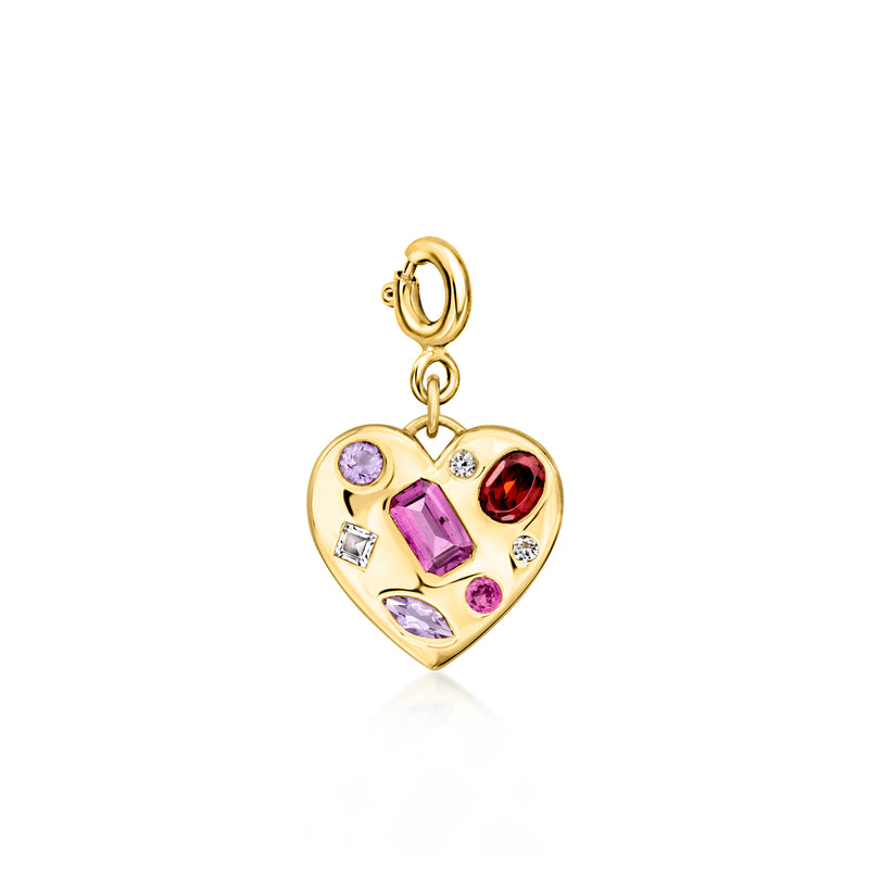 Gold heart charm with purple, red, and clear gemstones in small settings