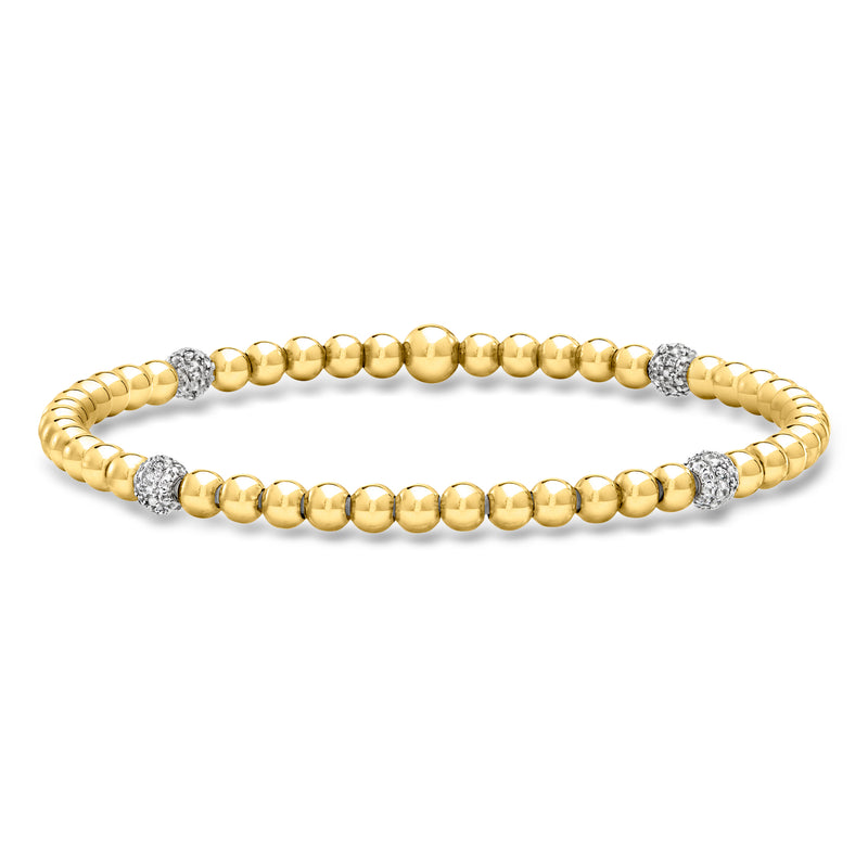 18kt gold over sterling bead stretch bracelet with lab-grown diamond stations and silver accents
