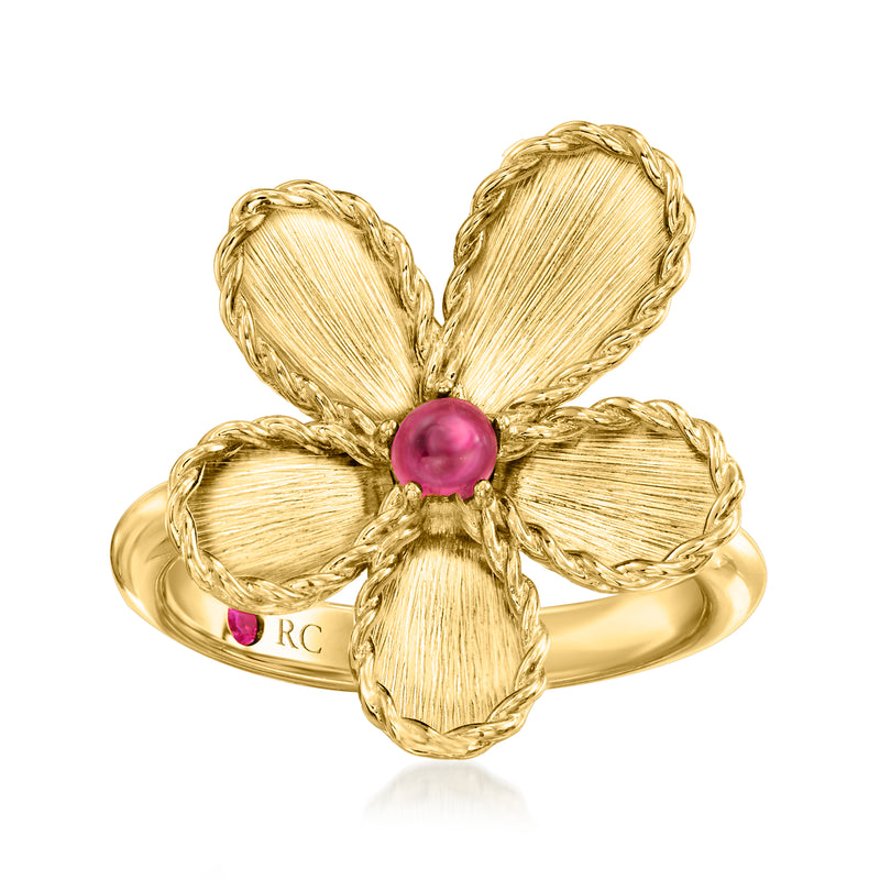 18kt yellow gold flower ring with pink gemstone center and carved petals
