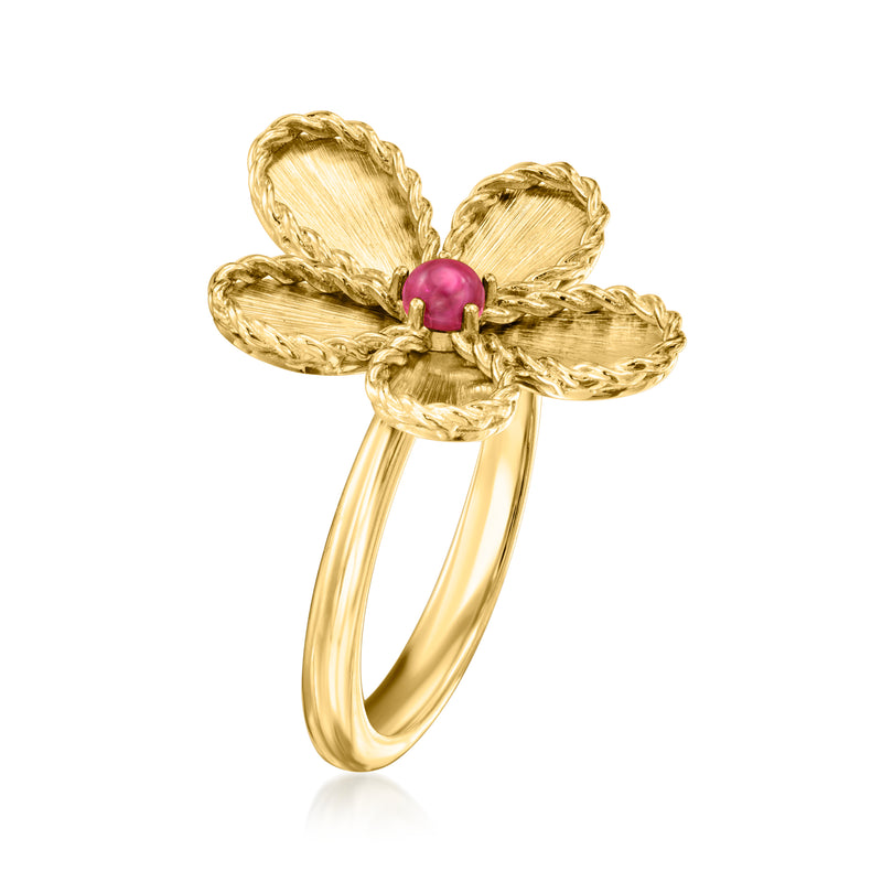 18kt yellow gold flower ring with pink gemstone center, open side view