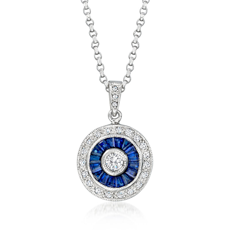 18kt white gold round pendant necklace with blue sapphire center and diamond halo