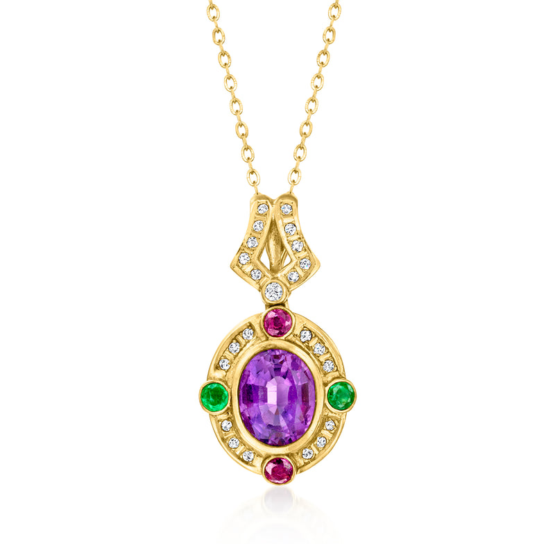 18kt yellow gold gemstone pendant necklace with purple amethyst and green pink accents
