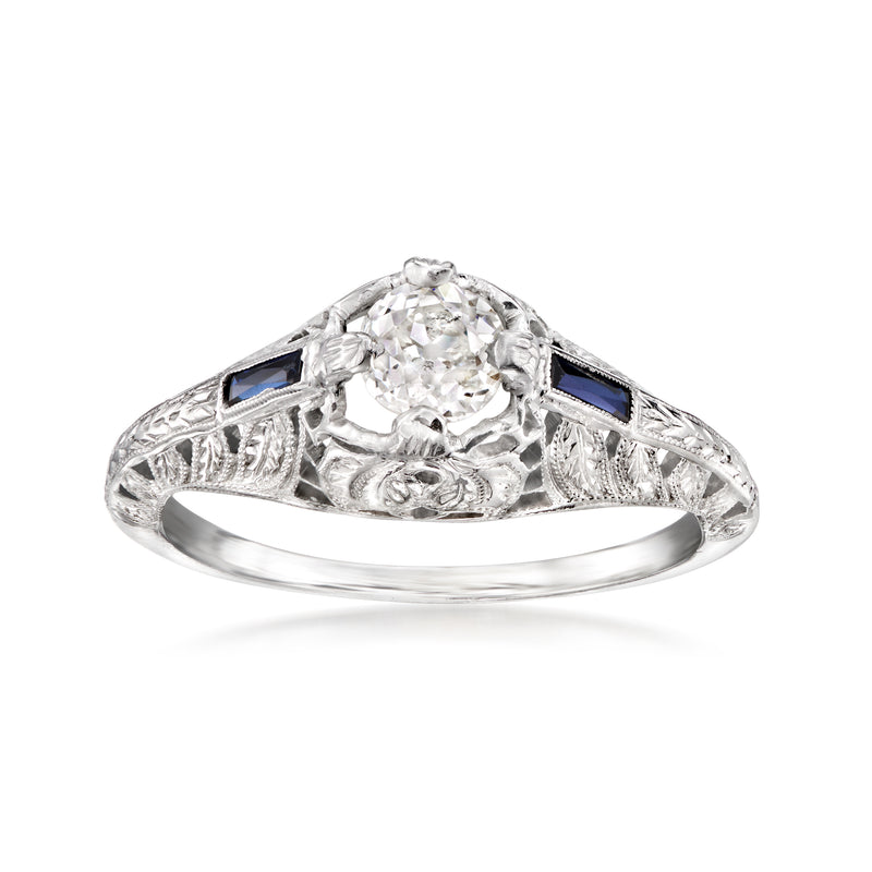 Vintage white gold diamond ring with blue sapphire accents, size 6