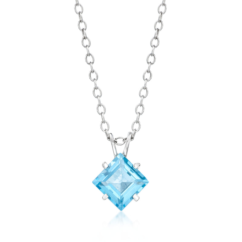 Sterling silver pendant necklace with square Swiss blue topaz gemstone