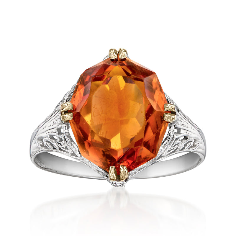 Ornate filigree ring with large orange citrine gemstone and white gold band