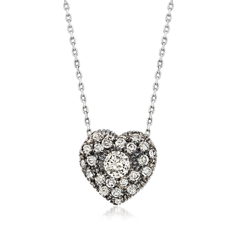 Diamond heart pendant necklace in white gold, round cluster stones and link chain
