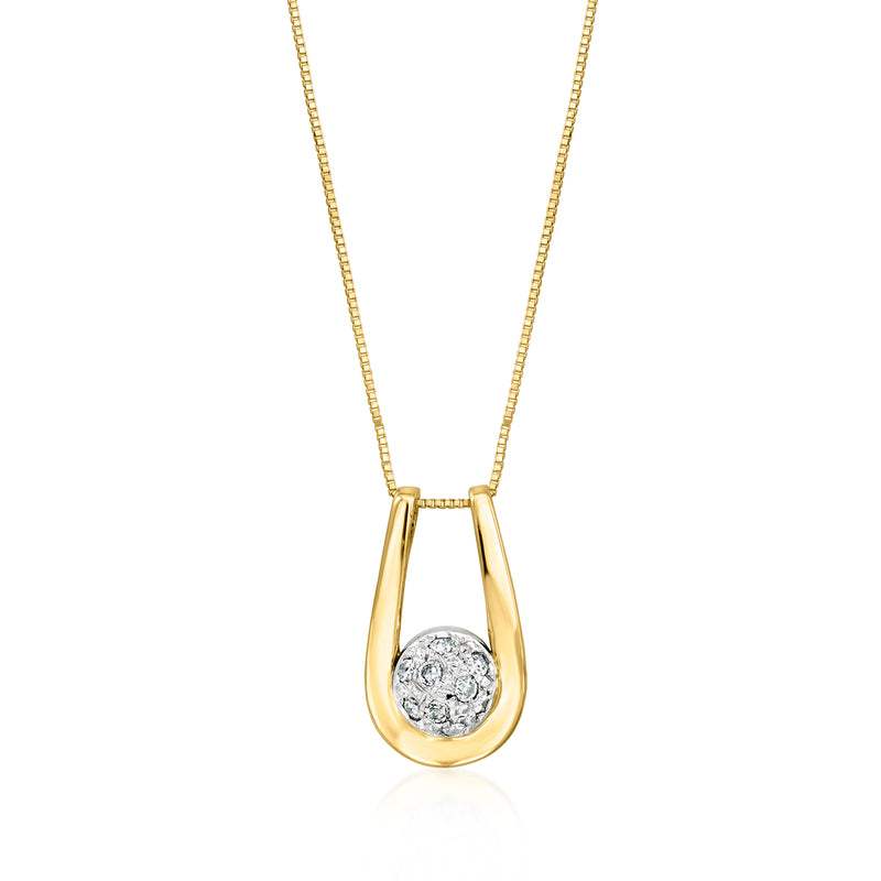 Yellow gold diamond pendant necklace with teardrop setting and round center stone