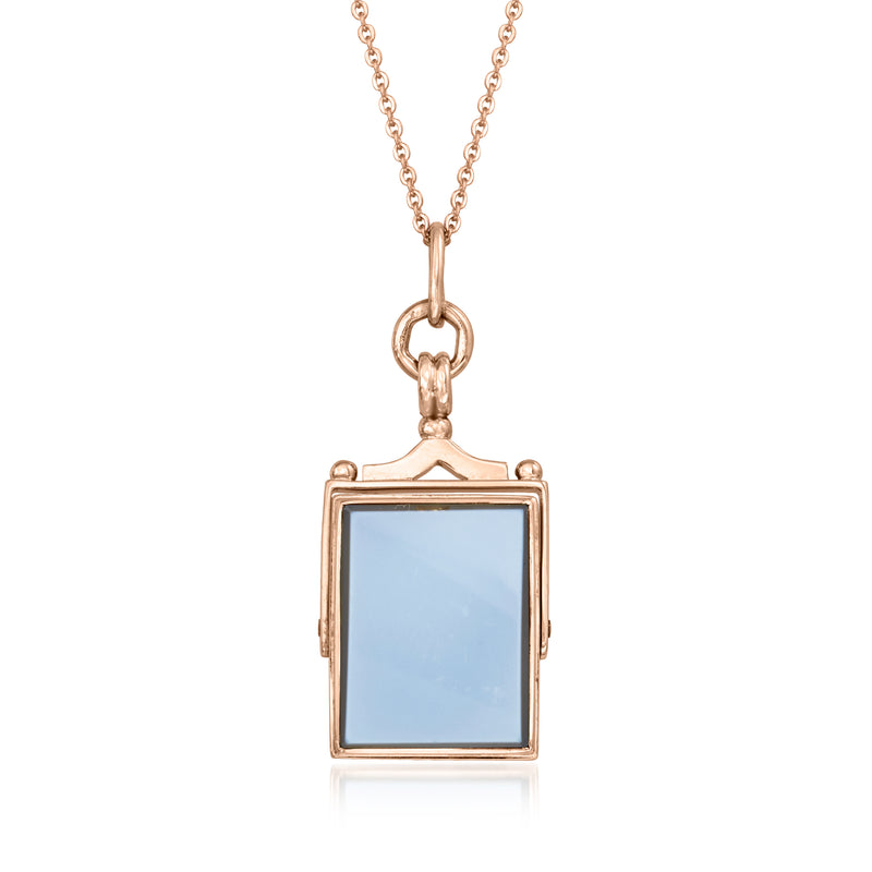 Rose gold swivel pendant necklace with rectangular dark blue stone, front view