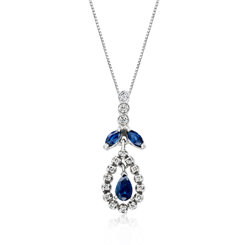 White gold teardrop pendant necklace with blue sapphires and diamond accents