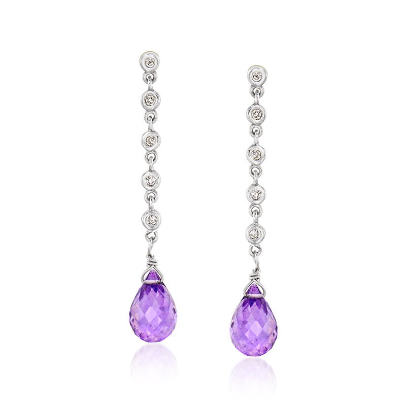 Amethyst and diamond drop earrings in white gold, with purple teardrop stones