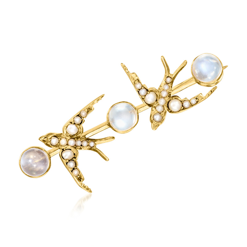 Vintage bird pin in 18kt yellow gold with moonstone cabochons and seed pearls