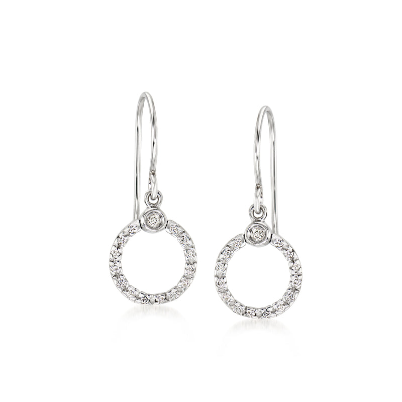 14kt white gold diamond circle drop earrings, round halo and small center, earwire