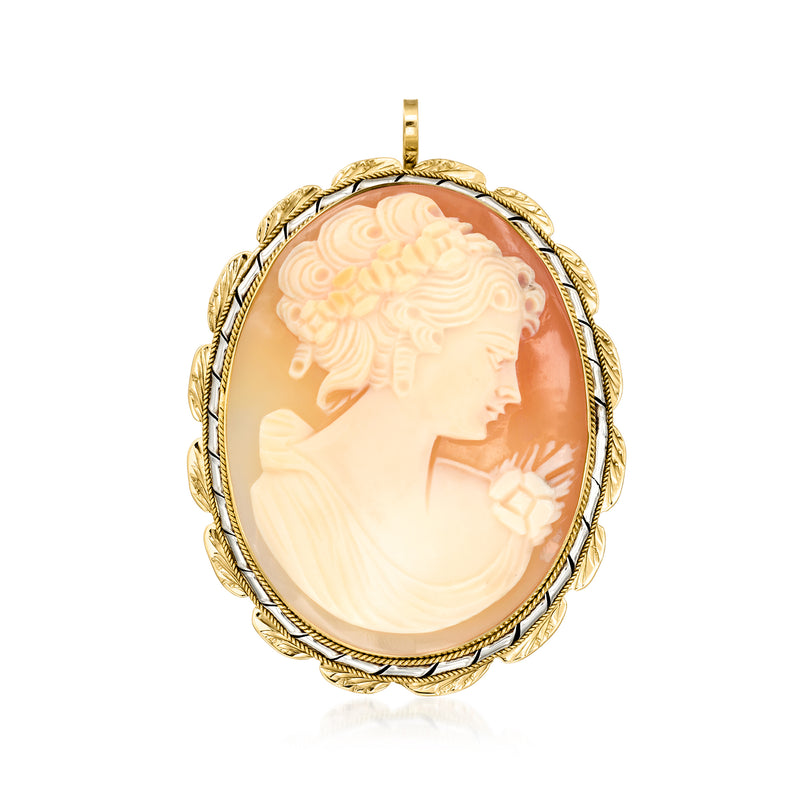 Two-tone 10kt gold cameo pin with oval brown shell portrait